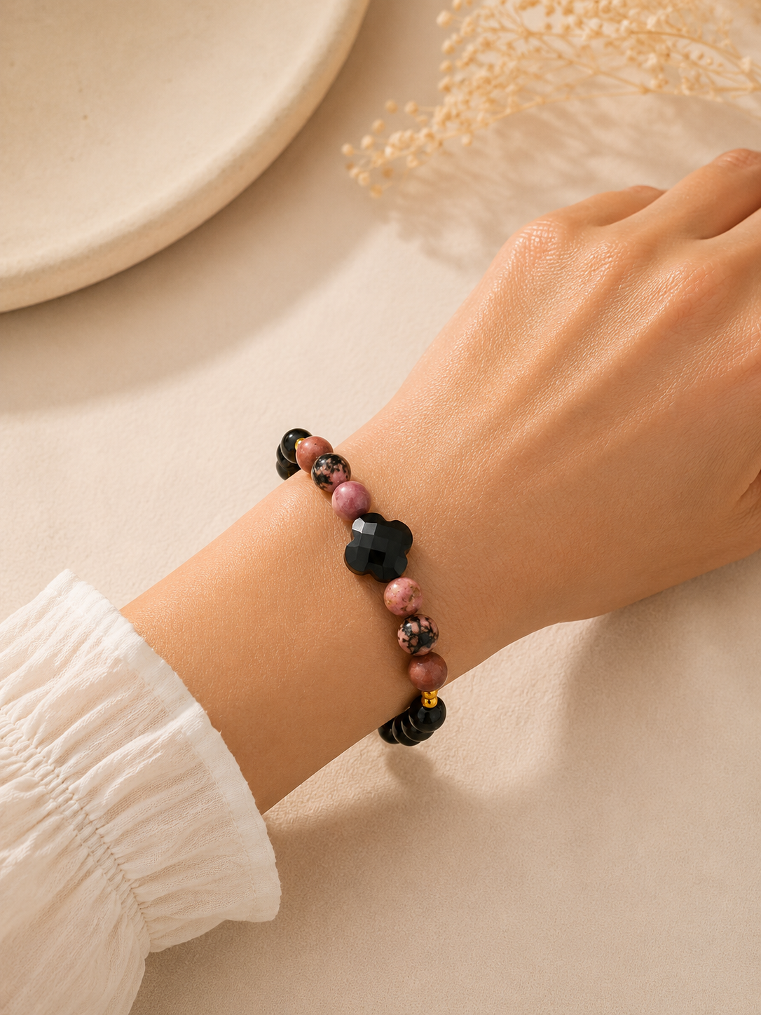 Bracelet "Je pense aussi à moi" – Rhodonite & Obsidienne Noire