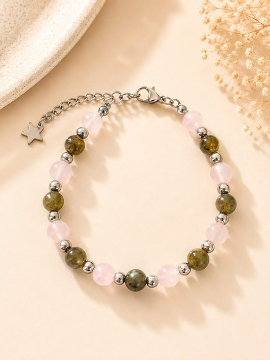 Bracelet "Je ne m'oublie plus" – Labradorite & Quartz Rose