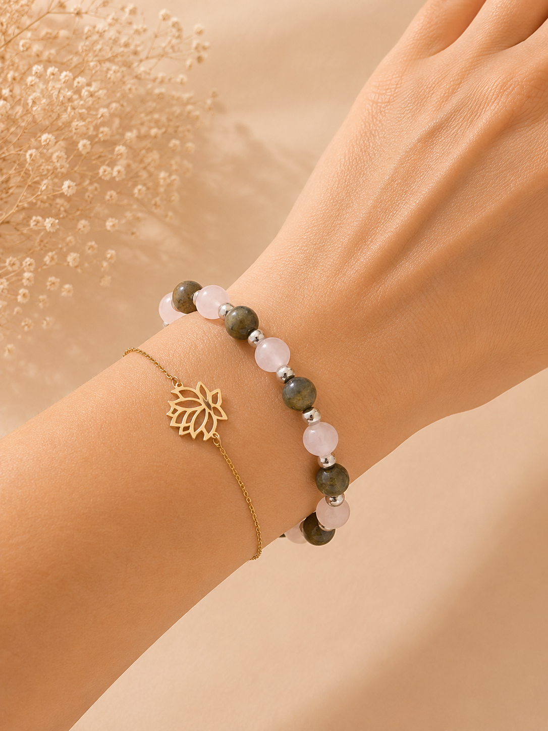 Bracelet "Je ne m'oublie plus" – Labradorite & Quartz Rose
