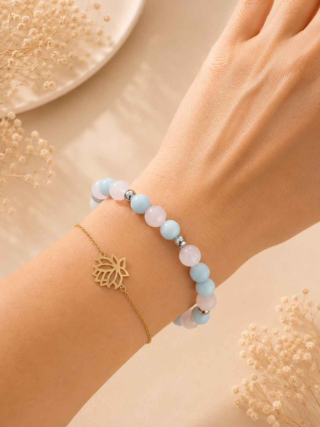 Bracelet "Je m'accorde de la douceur" – Angélite & Quartz Rose