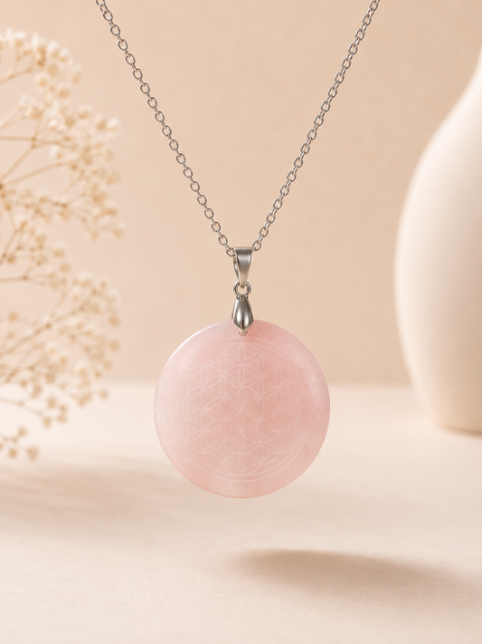 Collier Fleur de Vie en Quartz rose
