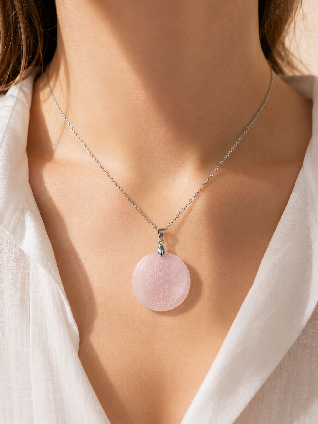 Collier Fleur de Vie en Quartz rose