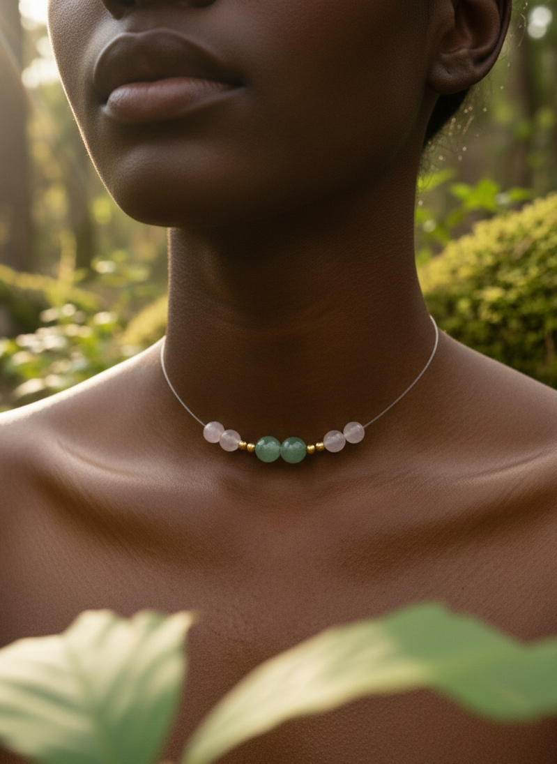 Collier Harmonie – Quartz rose & Aventurine verte